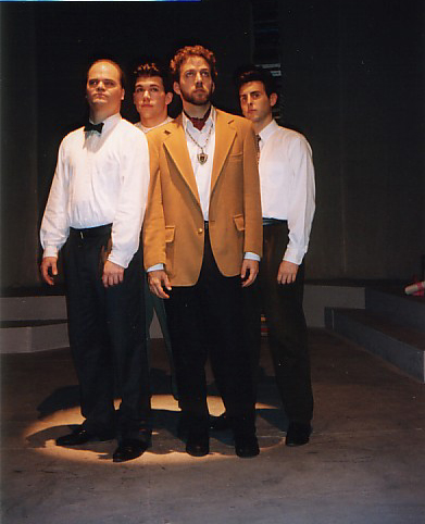 Joe Sampson as Berowne, Michael Parducci as Dumaine, Ashley Smith as the King of Navarre, Gabriel Grilli as Longaville